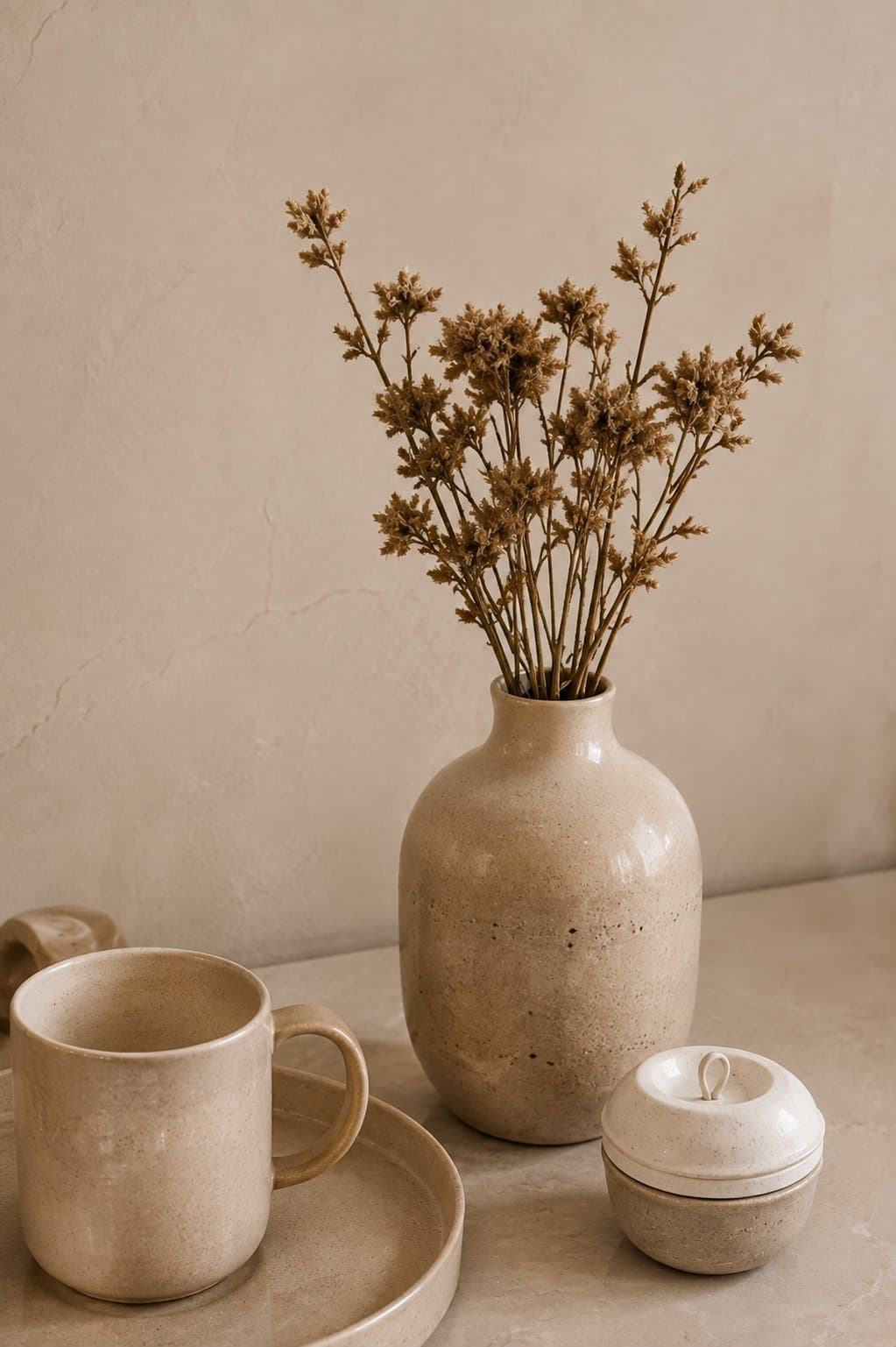 Still life with dried flowers and a ceramic vase